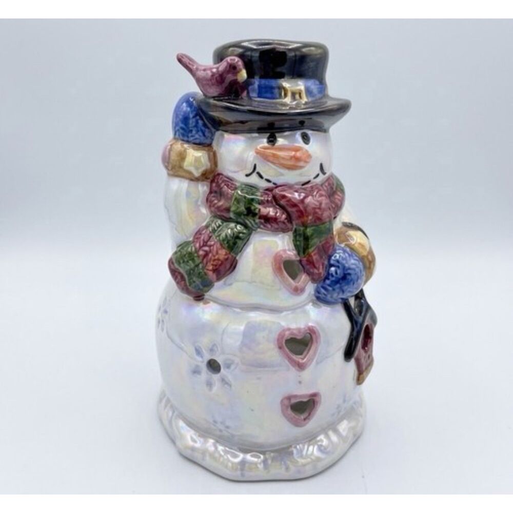 Ganz Iridescent Ceramic Snowman Tealight Candle Holder Cardinal Birdhouse 6 Inch
